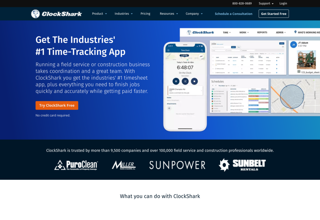 Screenshot of the ClockShark webpage