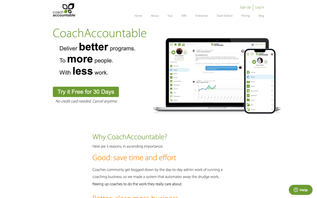 Screenshot of the CoachAccountable webpage