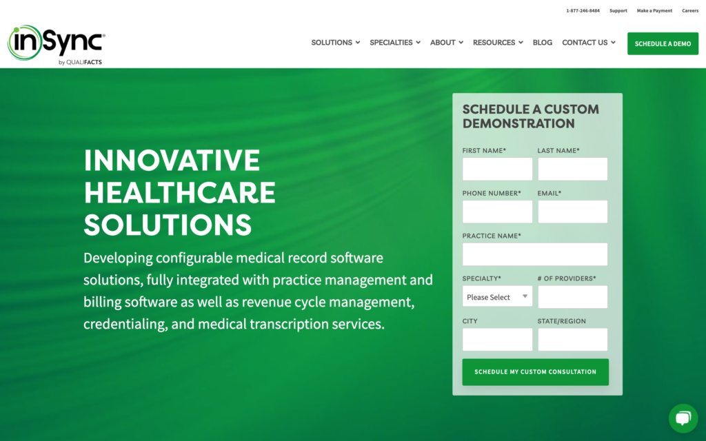 Screenshot of the InSync Healthcare Solutions webpage