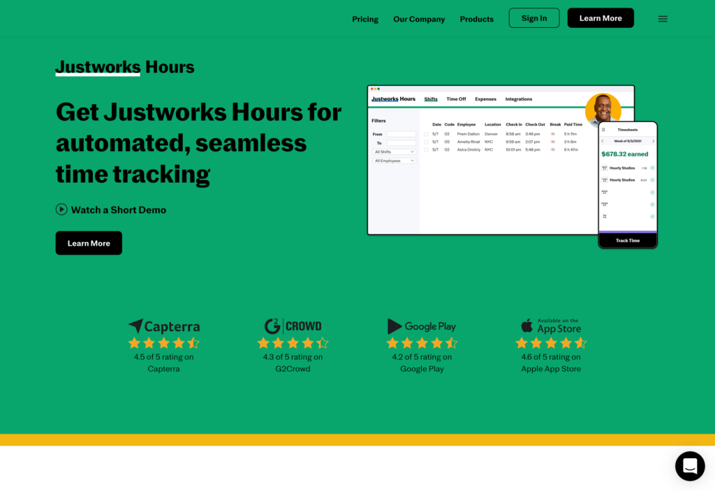 Screenshot of the JustWorks Hours webpage