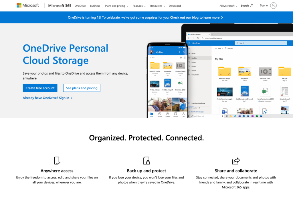 Screenshot of the OneDrive webpage
