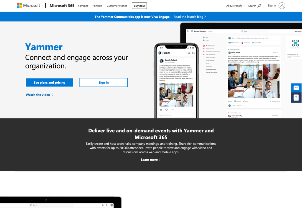 Screenshot of the Yammer webpage