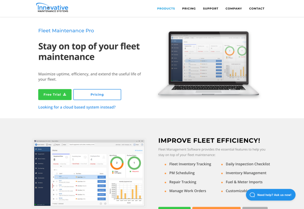 Screenshot of the Fleet Maintenance Pro webpage
