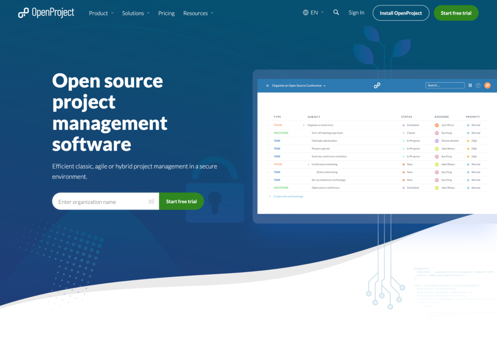 Screenshot of the OpenProject webpage