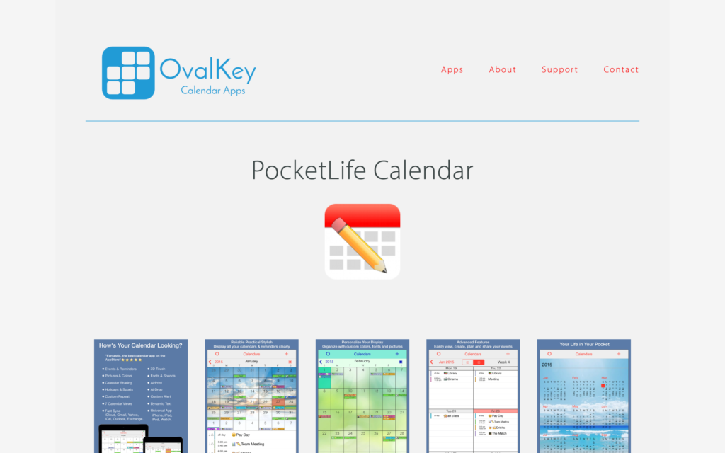 Screenshot of the PocketLife Calendar page on Ovalkey webpage