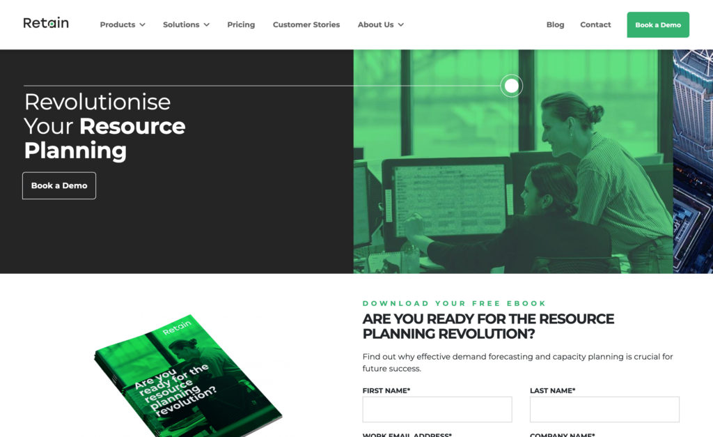 Screenshot of the Retain Resource Planning webpage