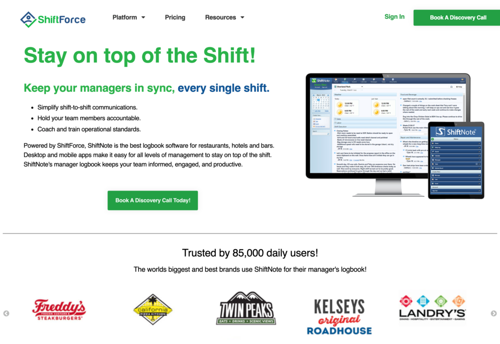 Screenshot of the ShiftForce webpage