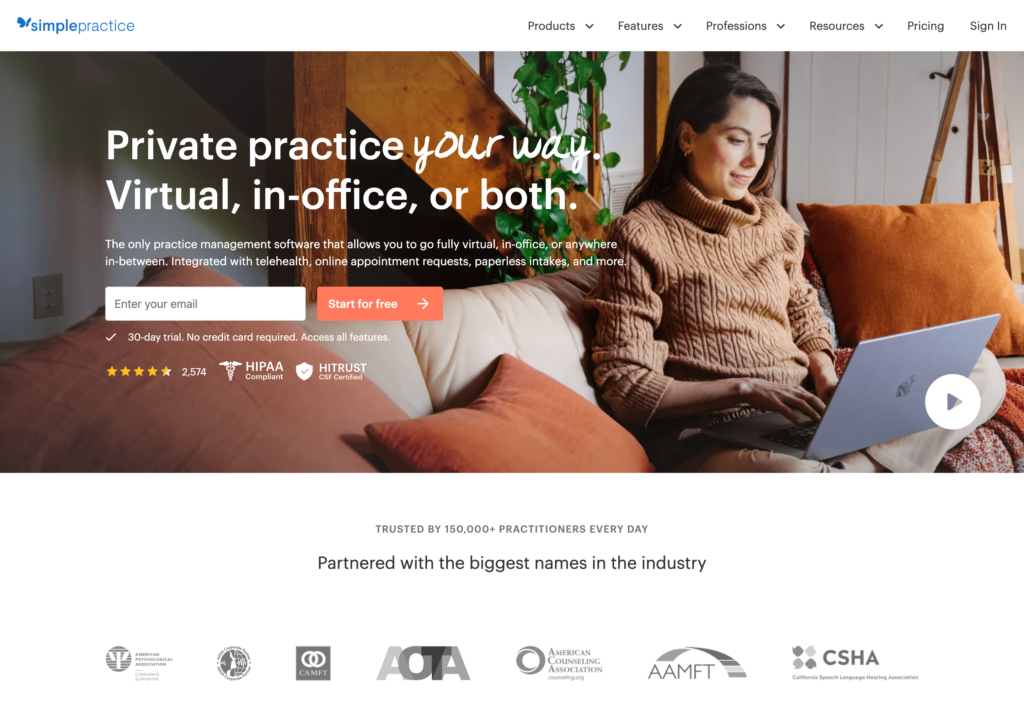 Screenshot of the Simplepractice webpage