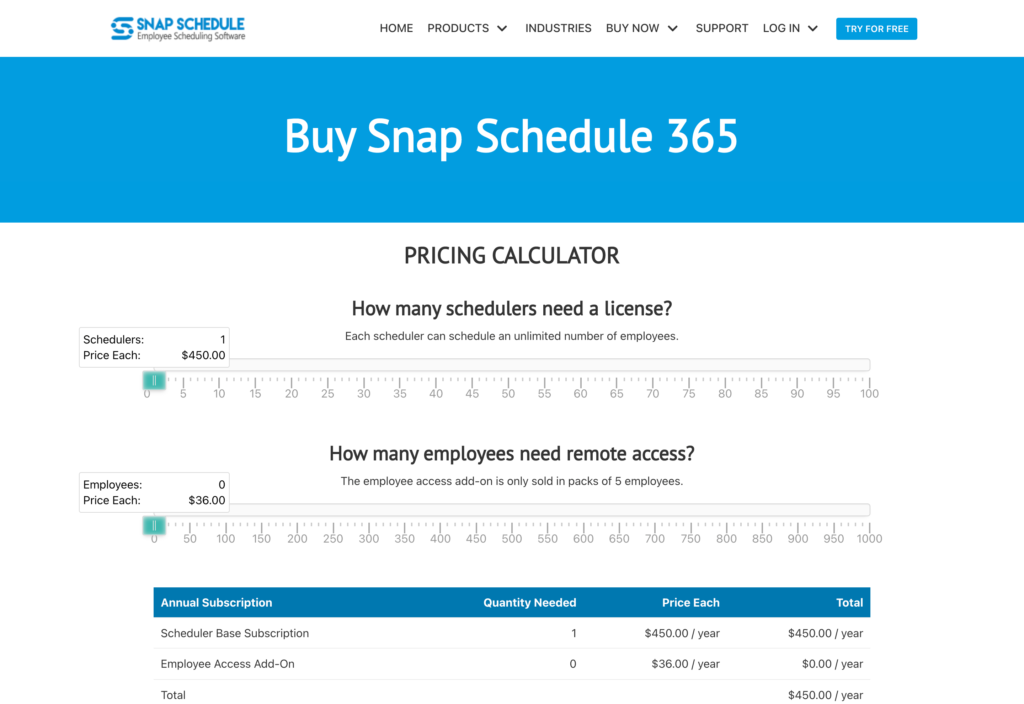 Screenshot of the Snap Schedule 365 webpage