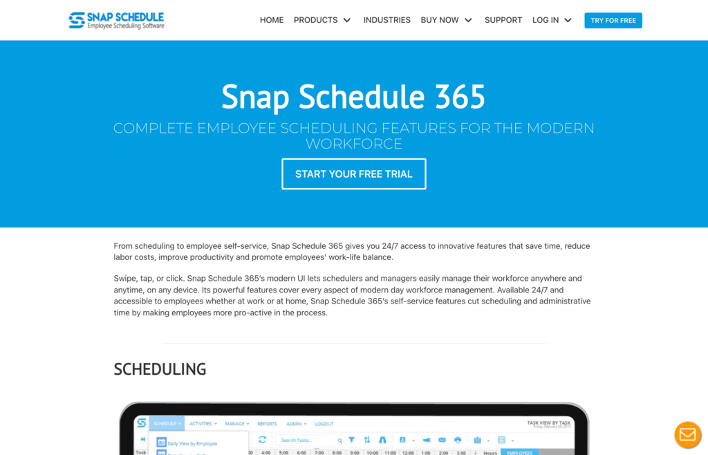 Screenshot of the Snap Schedule 365 webpage
