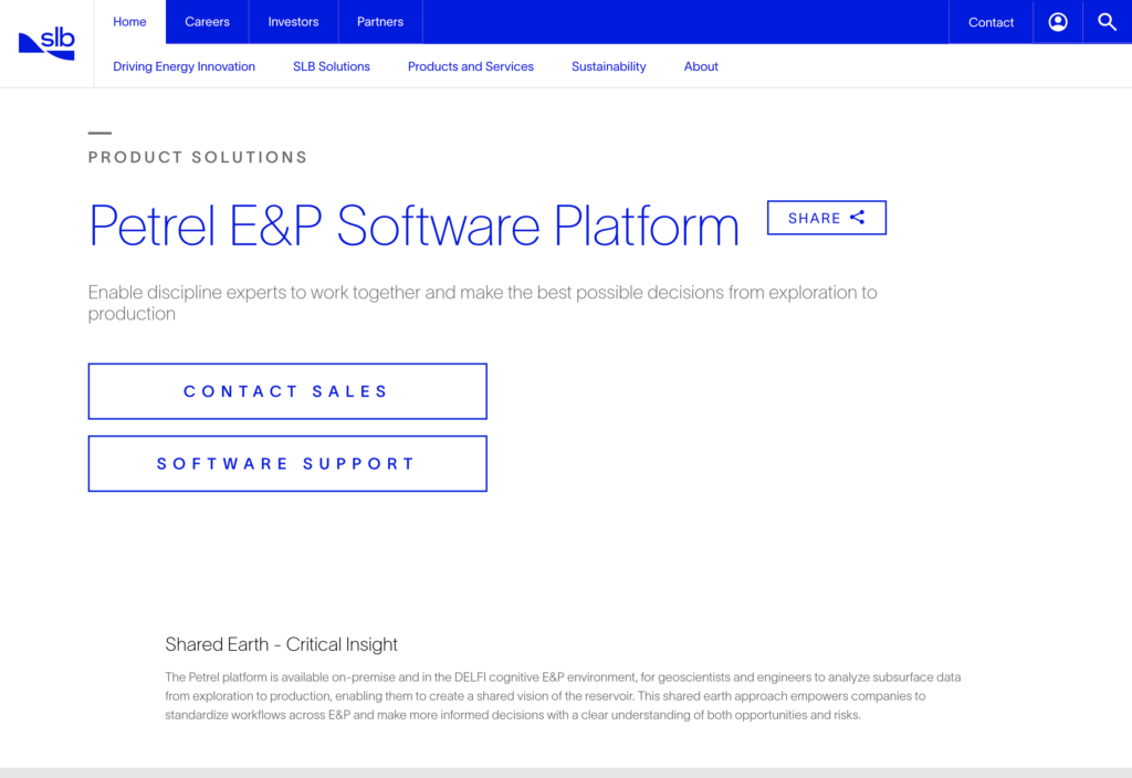 Screenshot of the Petrel E&P webpage