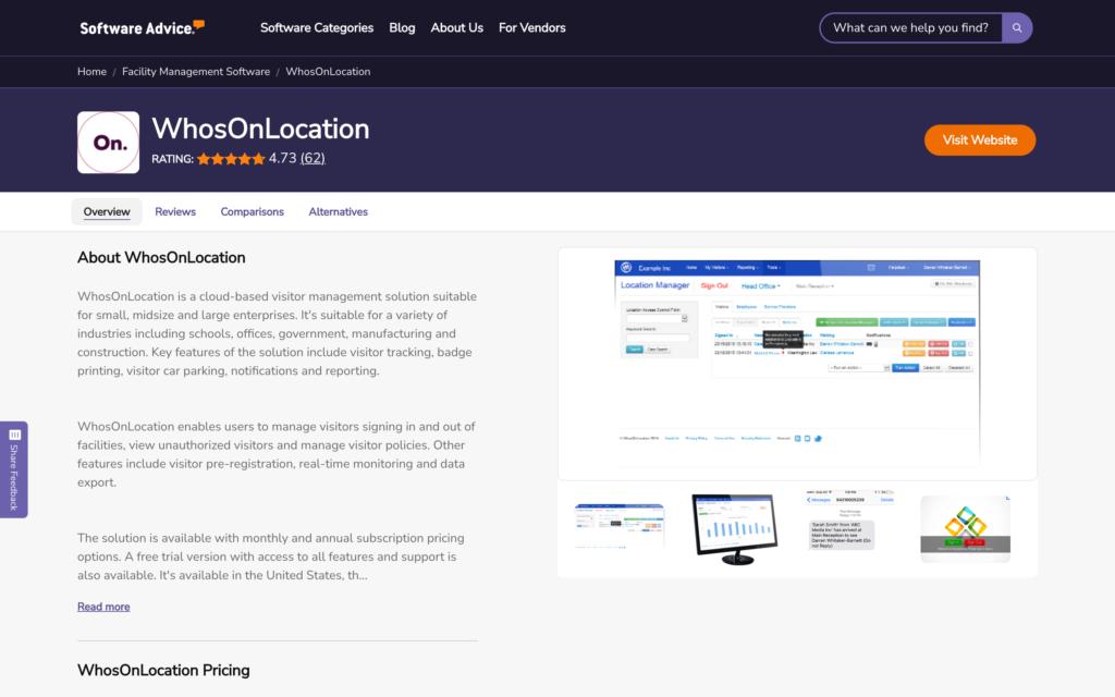Screenshot of the WhosOnLocation page on Software Advicewebpage