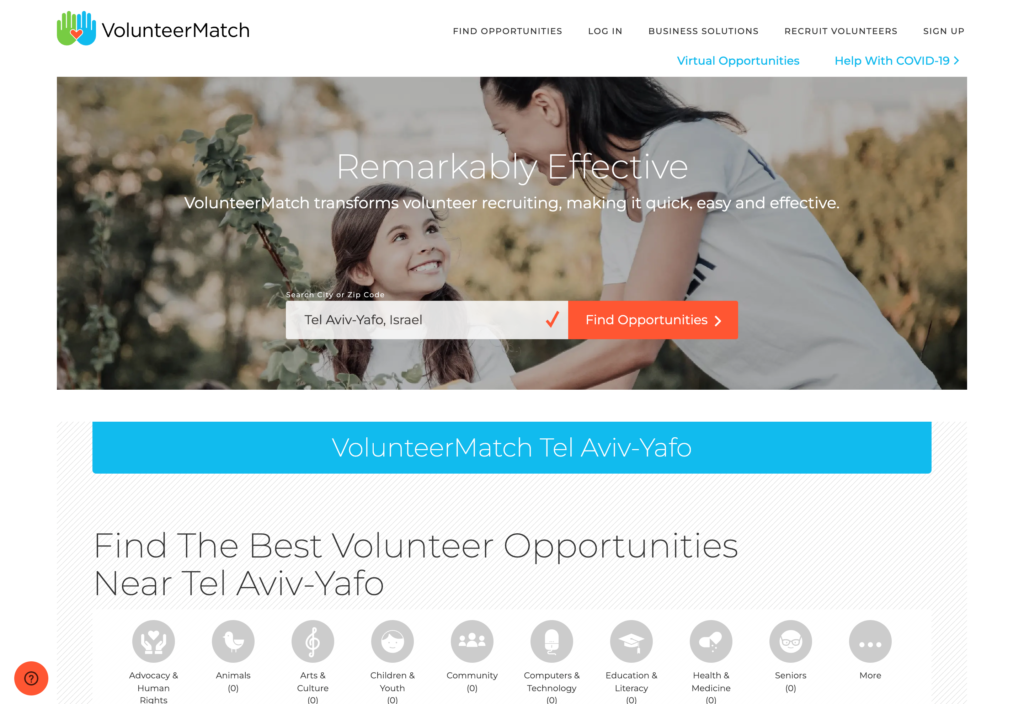 Screenshot of the VolunteerMatch webpage