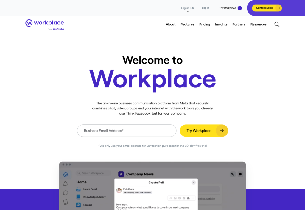 Screenshot of the Workplace from Meta webpage