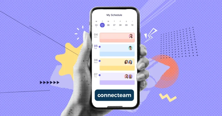 An illustration of a hand holding a phone with employee shift scheduling software installed