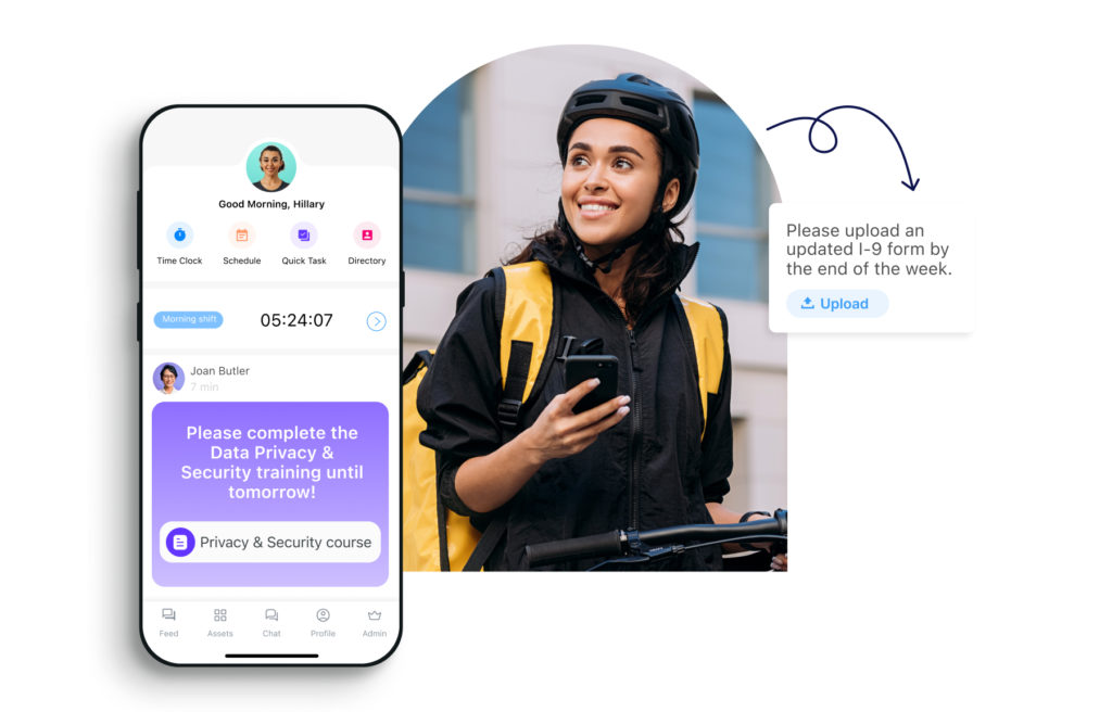 Woman with her phone and a screenshot of compliance update on the Connecteam app