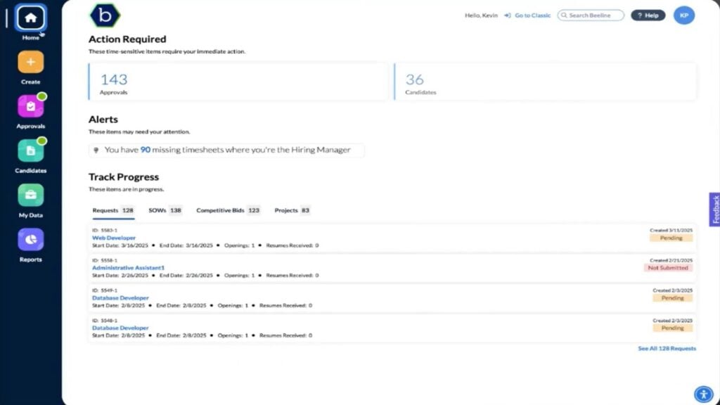 A screenshot of the Beeline dashboard, with a sidebar on the left and sections for “Action Required,” “Alerts,” and “Track Progress” on the right.