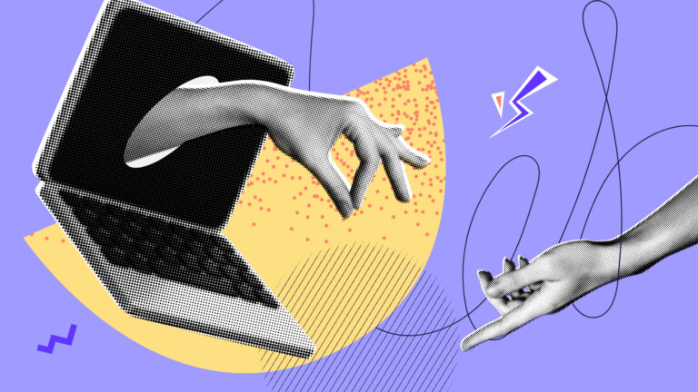 A collage of hands coming out of a laptop to symbolize vendor management software