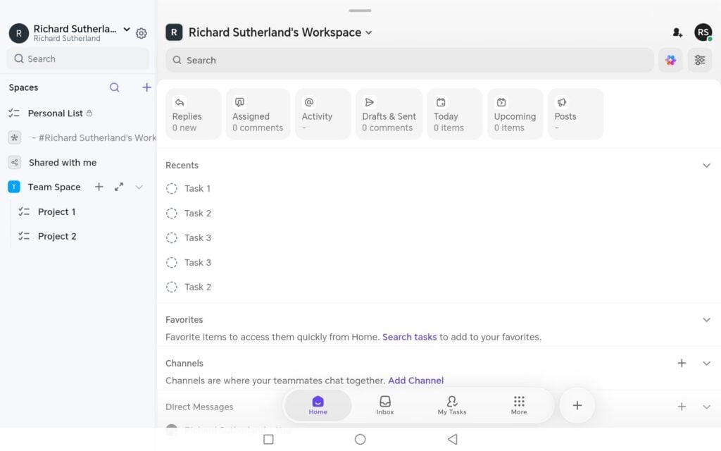 ClickUp mobile app workspace home showing recent tasks, favorites list, and team channels in a sidebar layout.