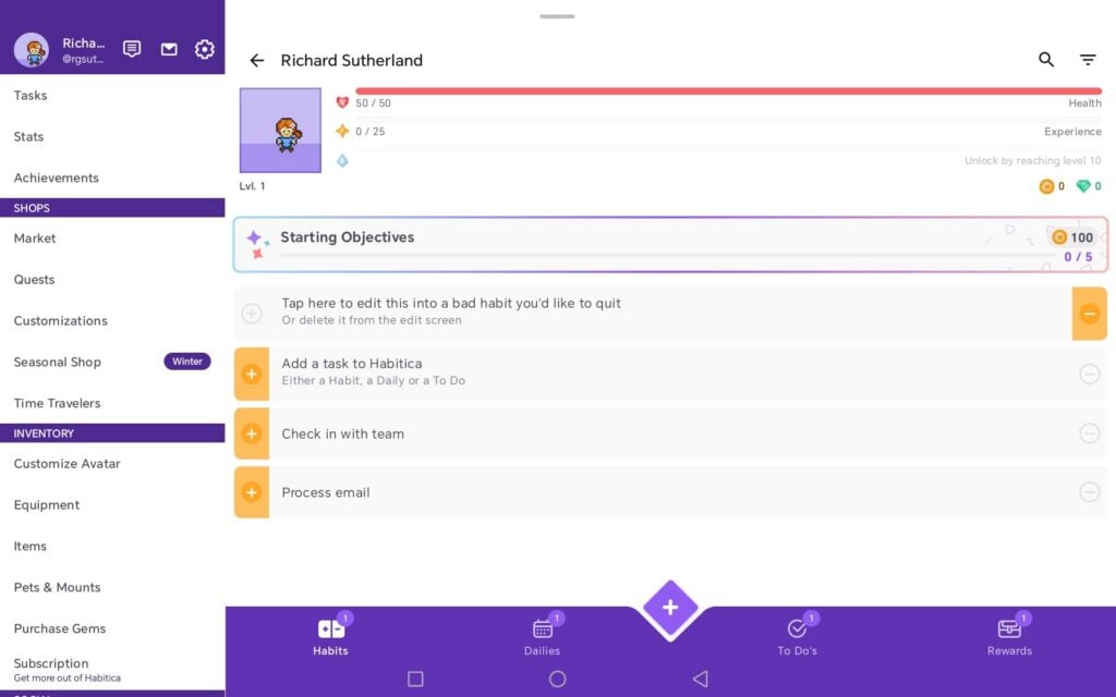 Habitica mobile app showing a pixel-art character with health and experience, and a list of habit tasks.