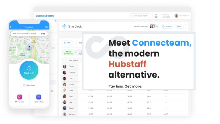 A graphic showing Connecteam’s scheduling feature with a text overlay reading “Meet Connecteam, the best Hubstaff alternative”