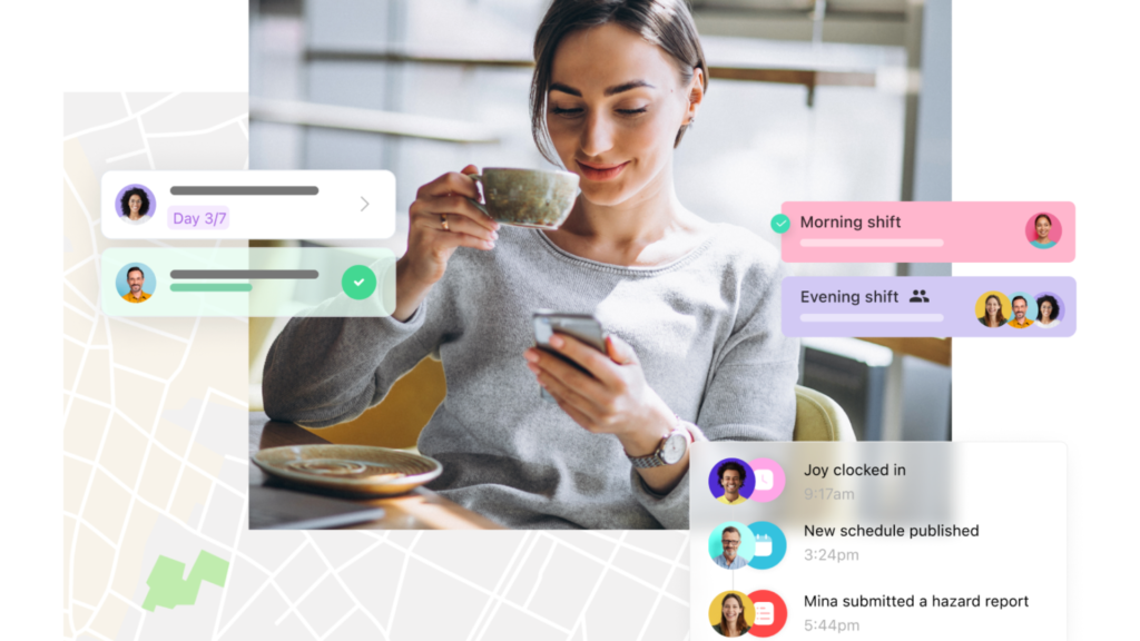 Graphic showing woman drinking on coffee and holding her phone, using the Connecteam app to schedule and manage employees