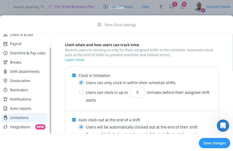 Screenshot showing time clock settings