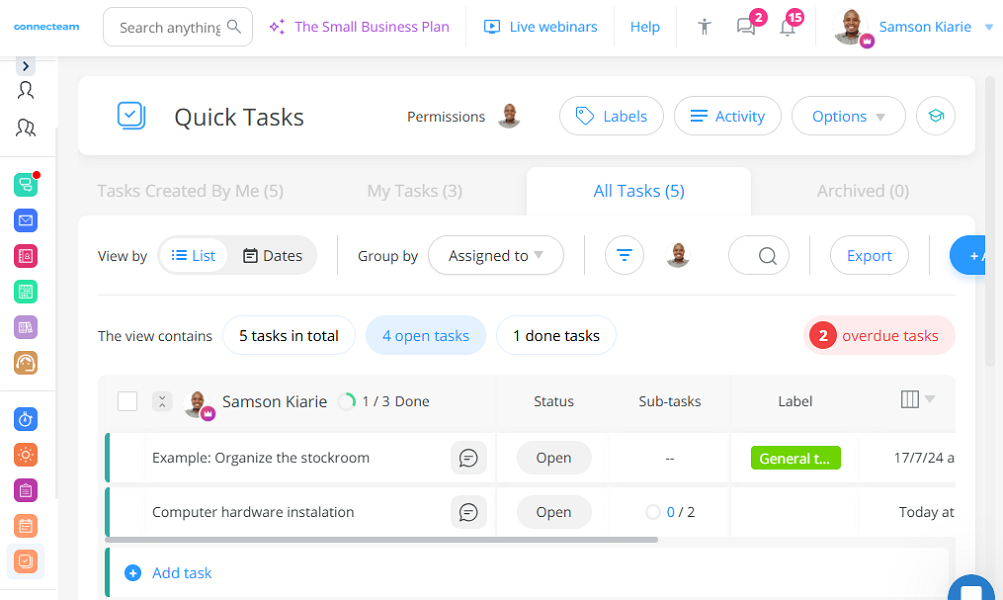 Screenshot of Quick Tasks interface