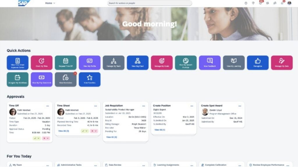 A screenshot of the SAP home page, showing “Quick Actions” like Clock My Time, “Approvals” for employee time off requests, and “For You Today” with a range of general tasks such as Data Review.