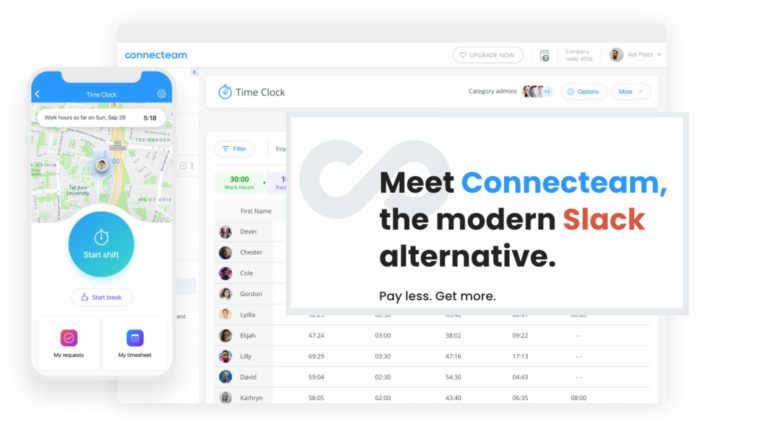 A graphic showing the Connecteam interface overlaid by text reading “Meet Connecteam, the best Slack alternative”