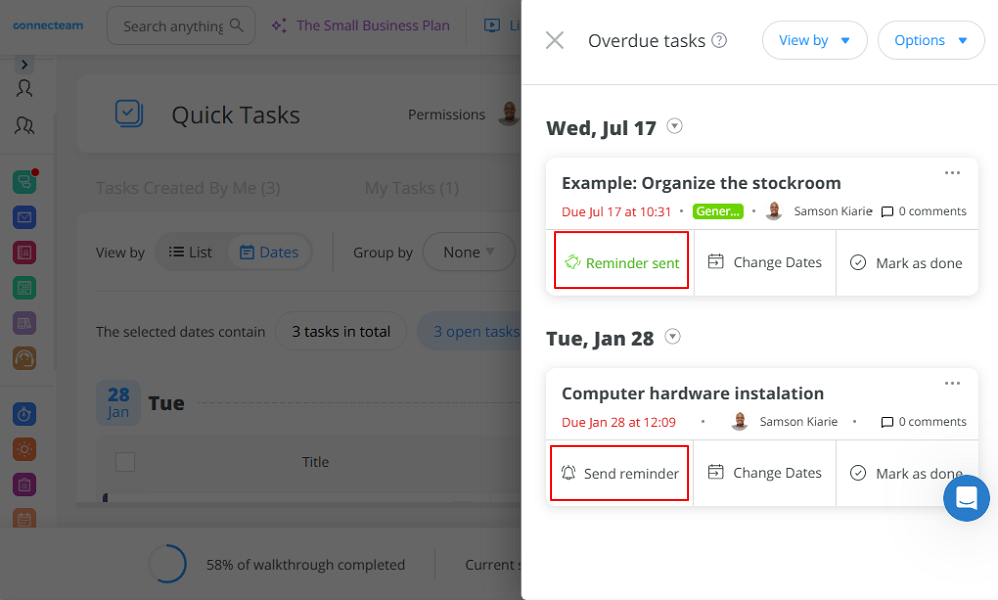Screenshot showing option to send task reminders 