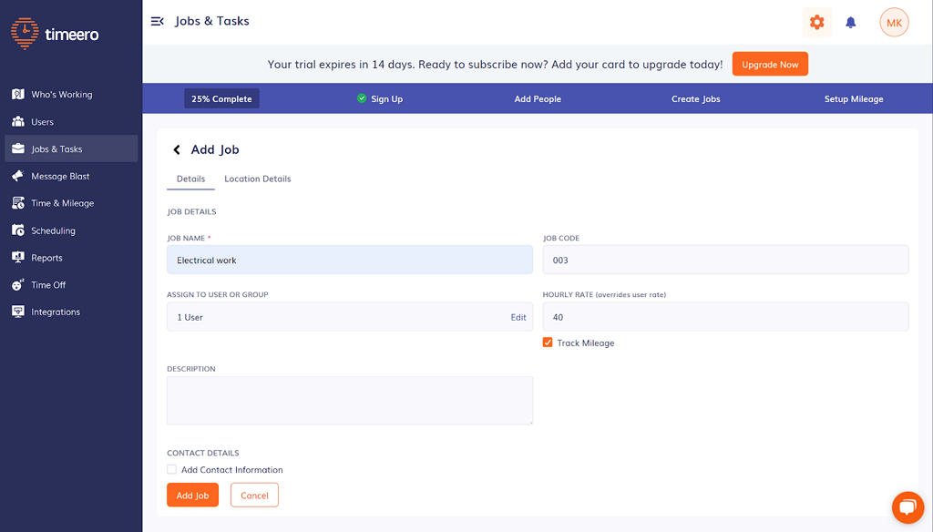 Screenshot showing job and task page