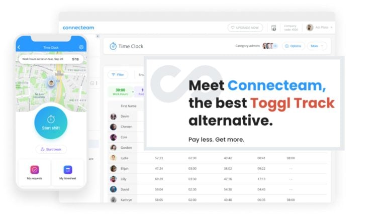 A graphic showing the Connecteam time tracking interface with a text overlay reading “Meet Connecteam, the best Toggl Track alternative.”