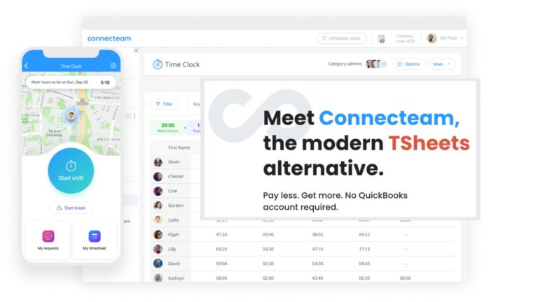 A graphic of the Connecteam time clock interface with a text overlay reading “Meet Connecteam, the modern TSheets alternative”