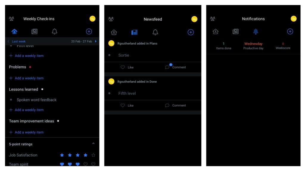 Three screenshots of the Weekdone mobile app showing weekly check-ins, a team newsfeed, and a daily stats view.