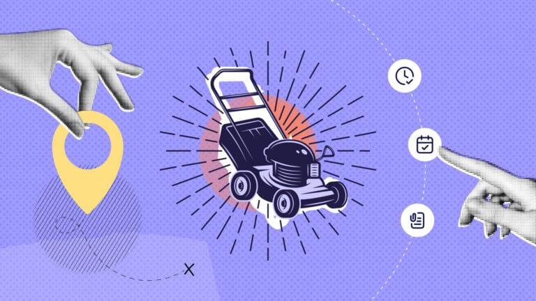 An illustration of a lawn mower and fingers pointing at concepts of lawn care business software