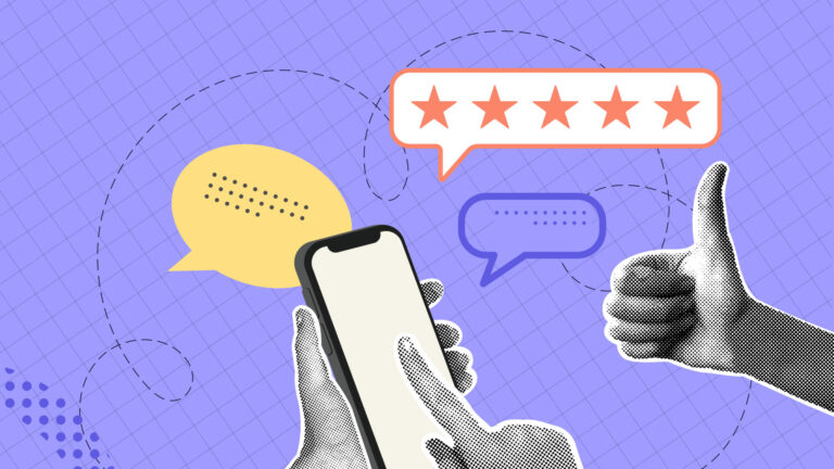 Hand holding a phone with speech bubbles and a thumbs-up, symbolizing feedback and engagement