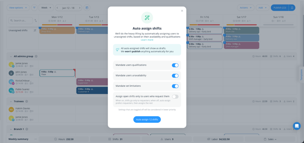 Screenshot of Connecteam&rsquo;s auto-scheduler with settings such as mandating user qualifications, availability, and more while assigning shifts.