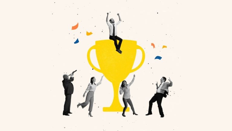 A graphic of a group of people celebrating victory dancing around a trophy