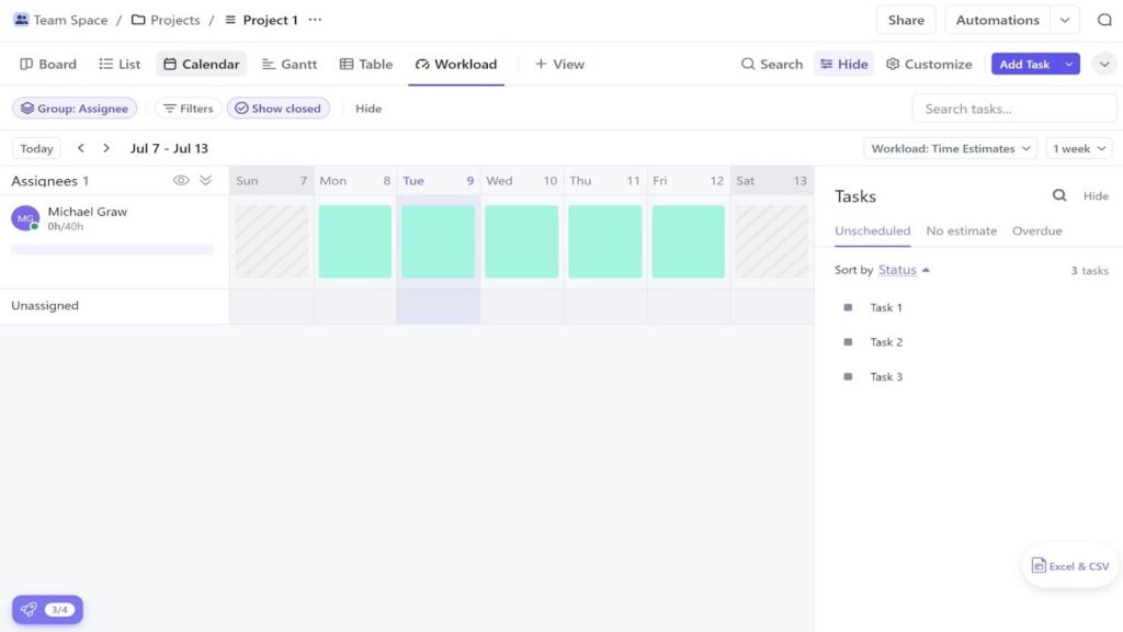 ClickUp&rsquo;s workload view displaying an employee&rsquo;s availability over a workweek.