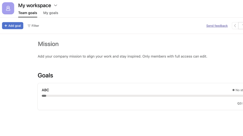 Asana&rsquo;s goals feature, showing fields for adding a goal, filtering goals, and adding your company&rsquo;s mission.
