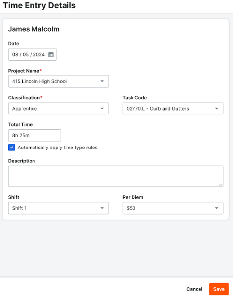 Screenshot showing Procore&rsquo;s manual time card details. 