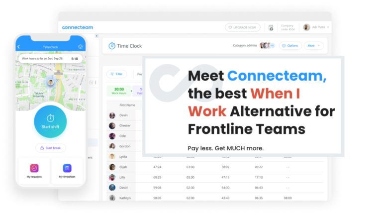 A graphic of Connecteam’s employee scheduling feature with a text overlay reading “Meet Connecteam, the best When I Work Alternative for Frontline Teams”
