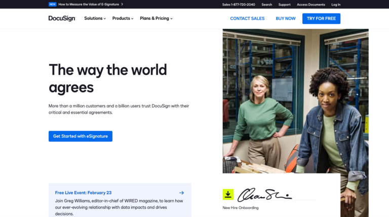 Screenshot of the DocuSign webpage