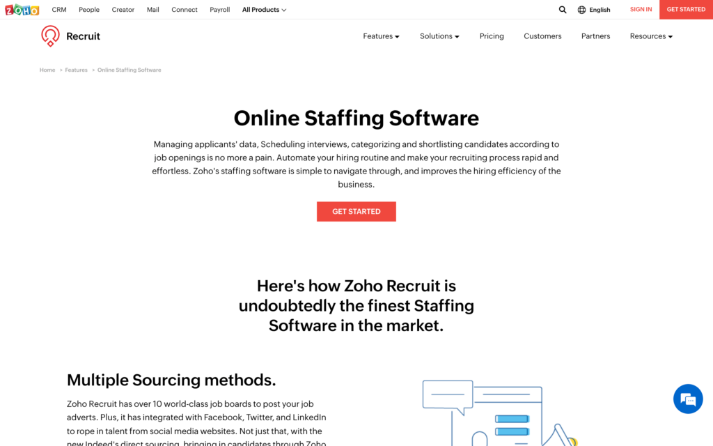 Screenshot of the Zoho Recruit webpage