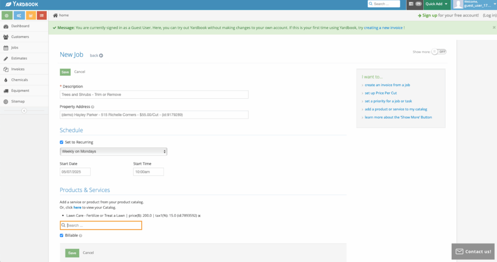 A screenshot of the Yardbook job creation screen