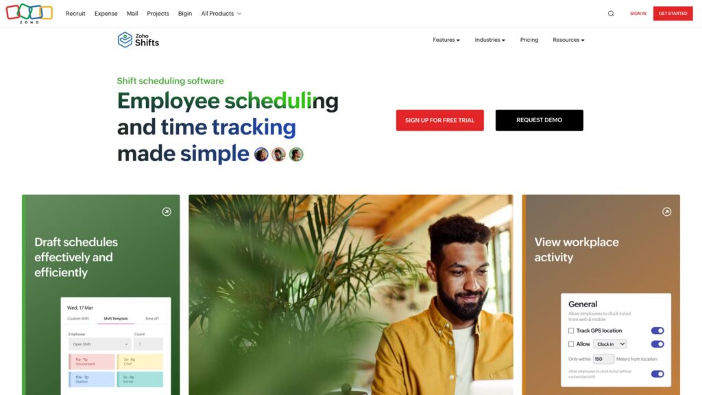 A screenshot of the Zoho Shifts website