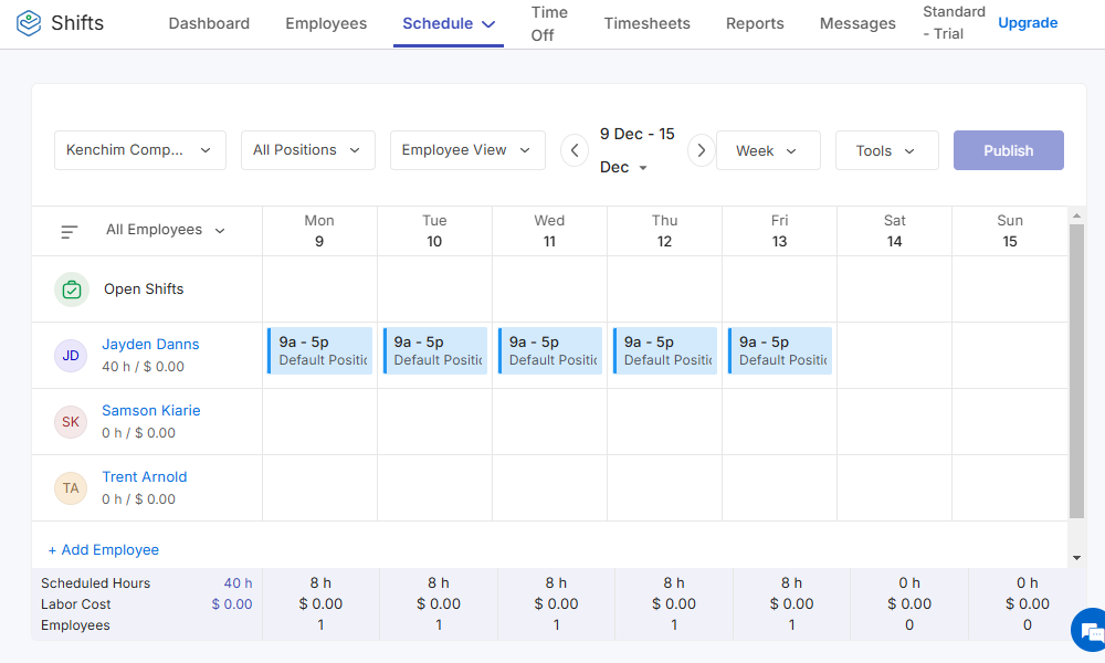 A screenshot of Zoho Shifts’ schedule grid