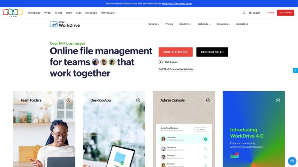 A screenshot of the Zoho WorkDrive homepage