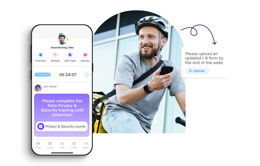 Man with his phone and a screenshot of compliance update on the Connecteam app